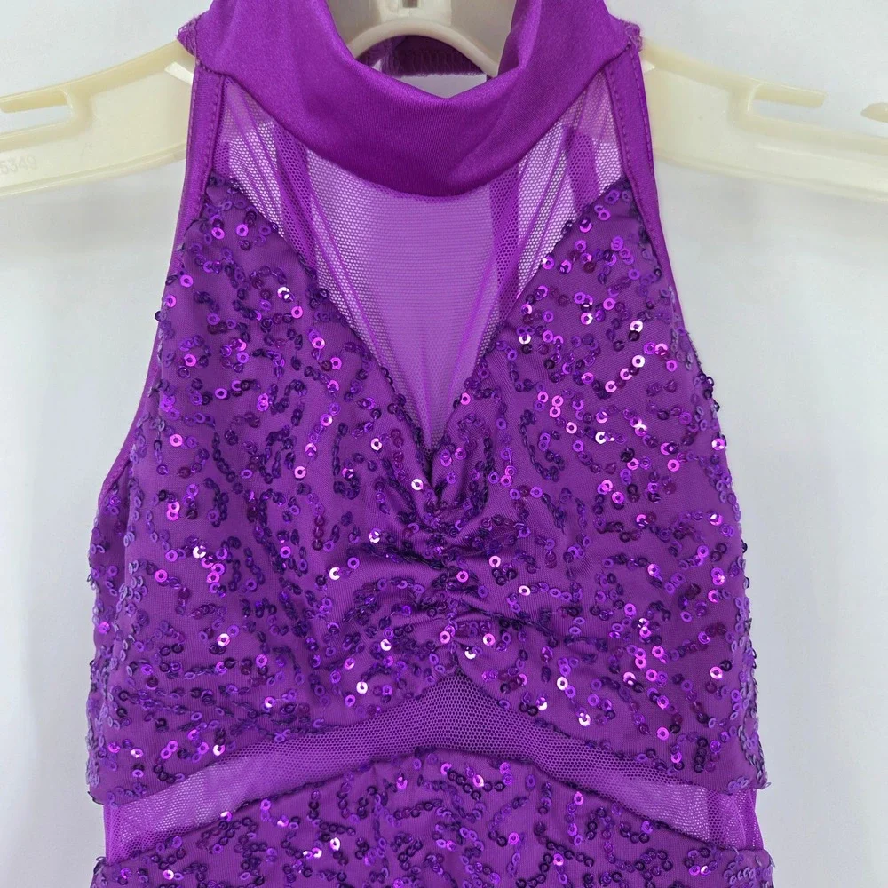 Weissman Purple Sequin Mock Neck Halter Dance Costume Skirted Leotard Kids SC